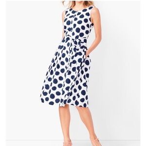 NWT Talbots Cotton Sleeveless White Dress with Navy Polka Dots. Size 12.